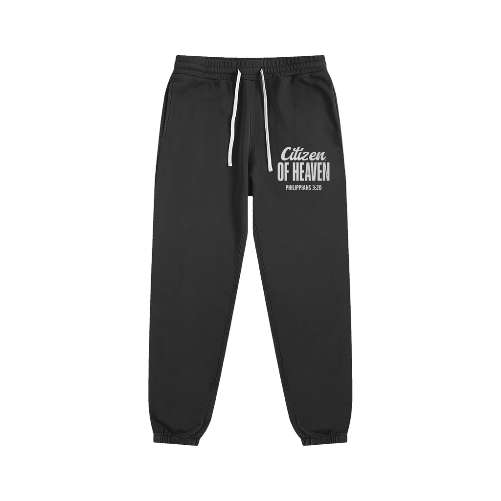 Black Citizen of Heaven sweatpants with white drawstrings and front logo print.