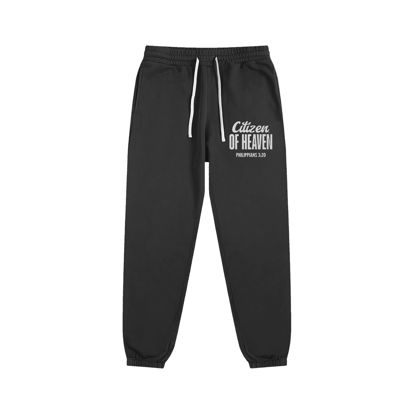 Black Citizen of Heaven sweatpants with white drawstrings and front logo print.