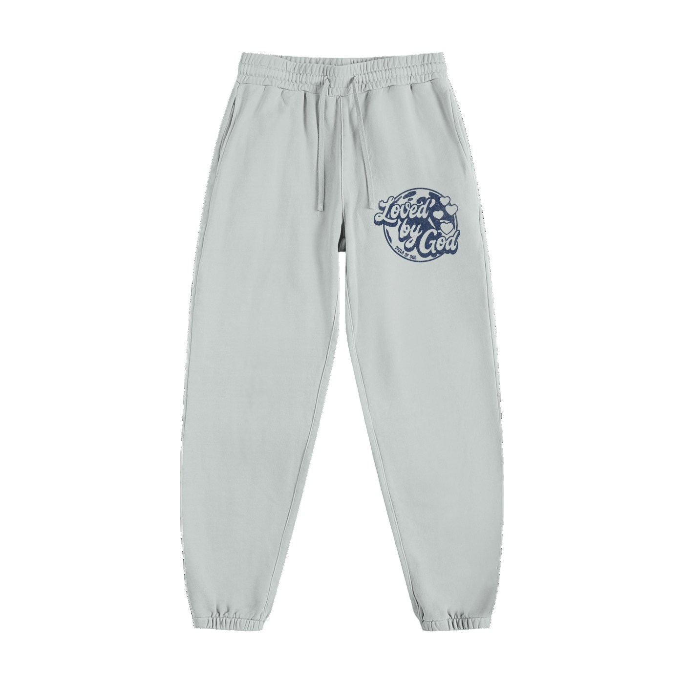 Light gray Loved by God Sweatpants with front logo print and elastic waistband and cuffs