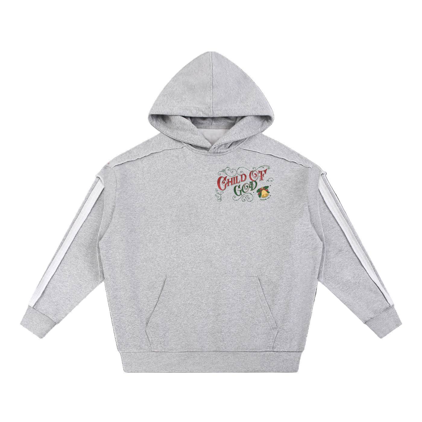 Gray Contrast Tape Raw Edge double layered hoodie with Child of God Christmas logo with John 14:6 under the bell  and Santa design