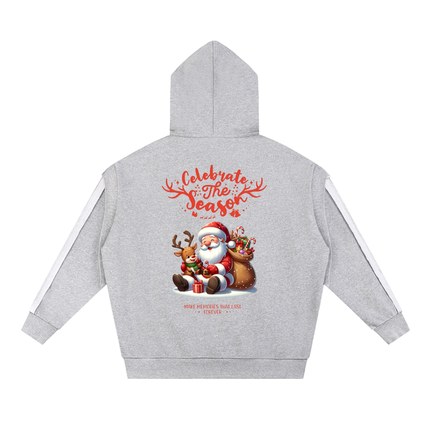 Gray Contrast Tape Raw Edge double layered hoodie with Child of God Christmas logo and Santa graphic on back