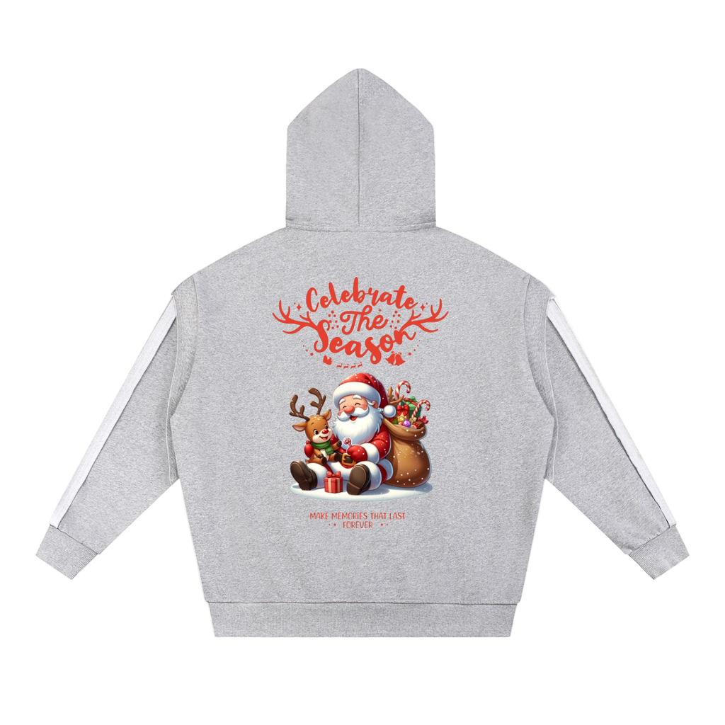Gray Contrast Tape Raw Edge double layered hoodie with Child of God Christmas logo and Santa graphic on back