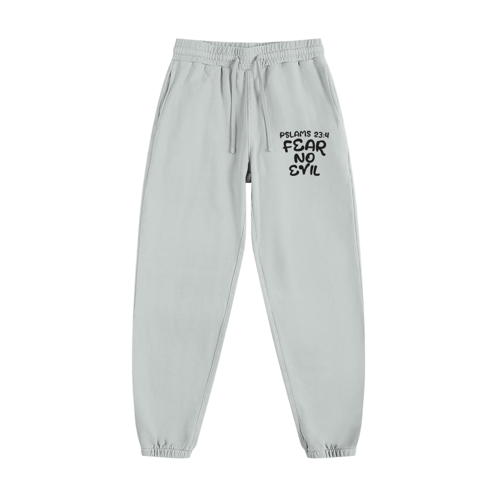Fear No Evil Sweatpants in light grey with Psalm 23:4 print, elastic waistband, drawstring, side pockets, and ribbed cuffs.