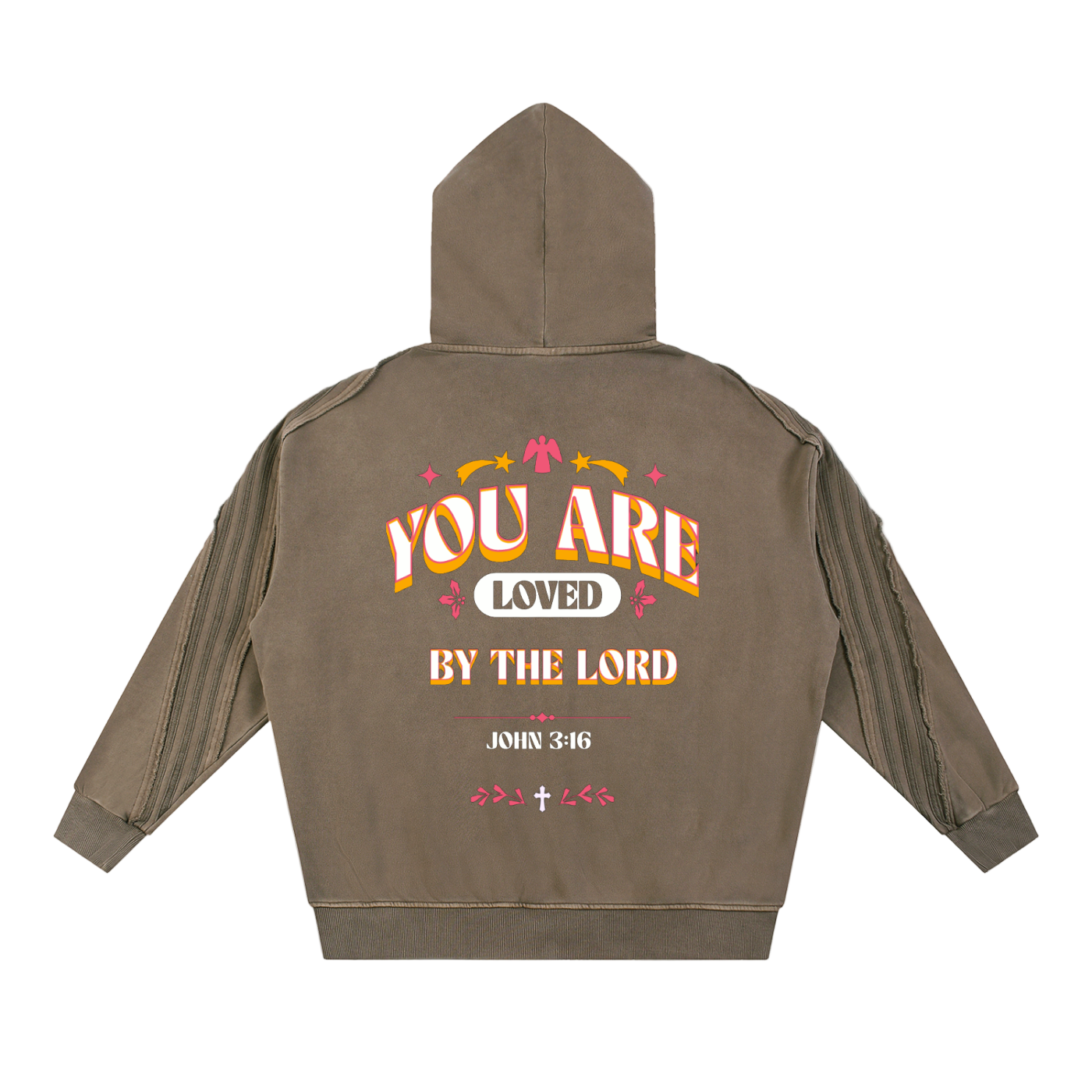 Snow Washed Tape raw edge zip hoodie with You Are Loved by the Lord graphic on back in brown color