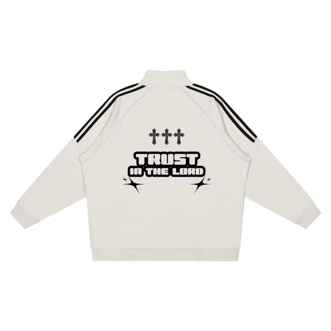 Cream REFLECTION STRIPED JACKET with black triple stripes on sleeves and "Trust in the Lord" design on the back