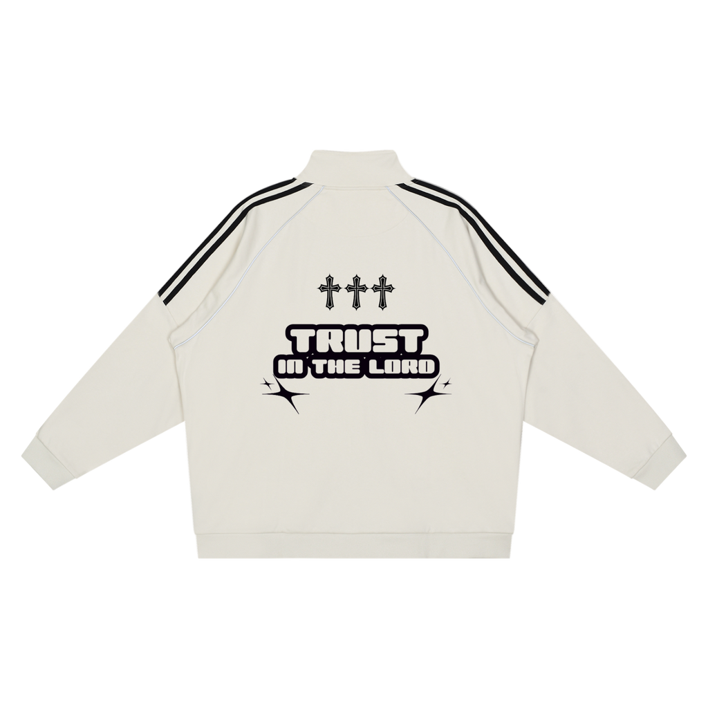 Cream REFLECTION STRIPED JACKET with black triple stripes on sleeves and "Trust in the Lord" design on the back