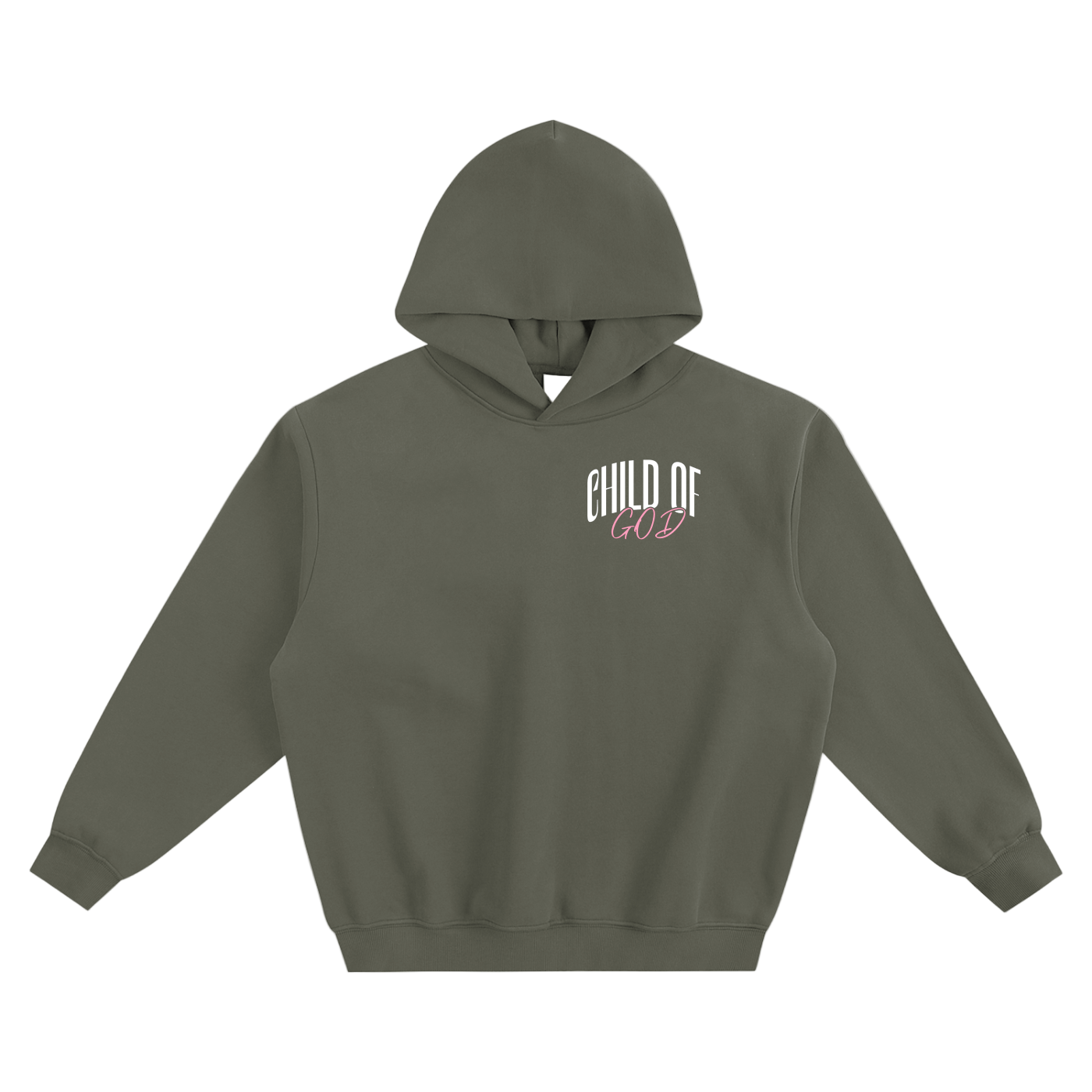 Citizen of Heaven fleeced hoodie with Child of God text on front, olive green hooded sweatshirt