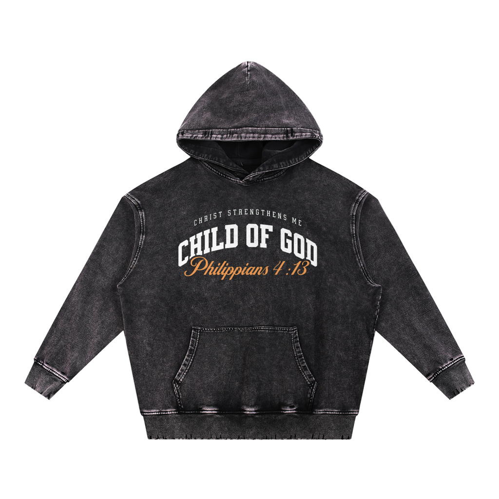 Child of God Philippians 4:13 Hoodie with "Christ Strengthens Me" text, black washed fabric and front pocket