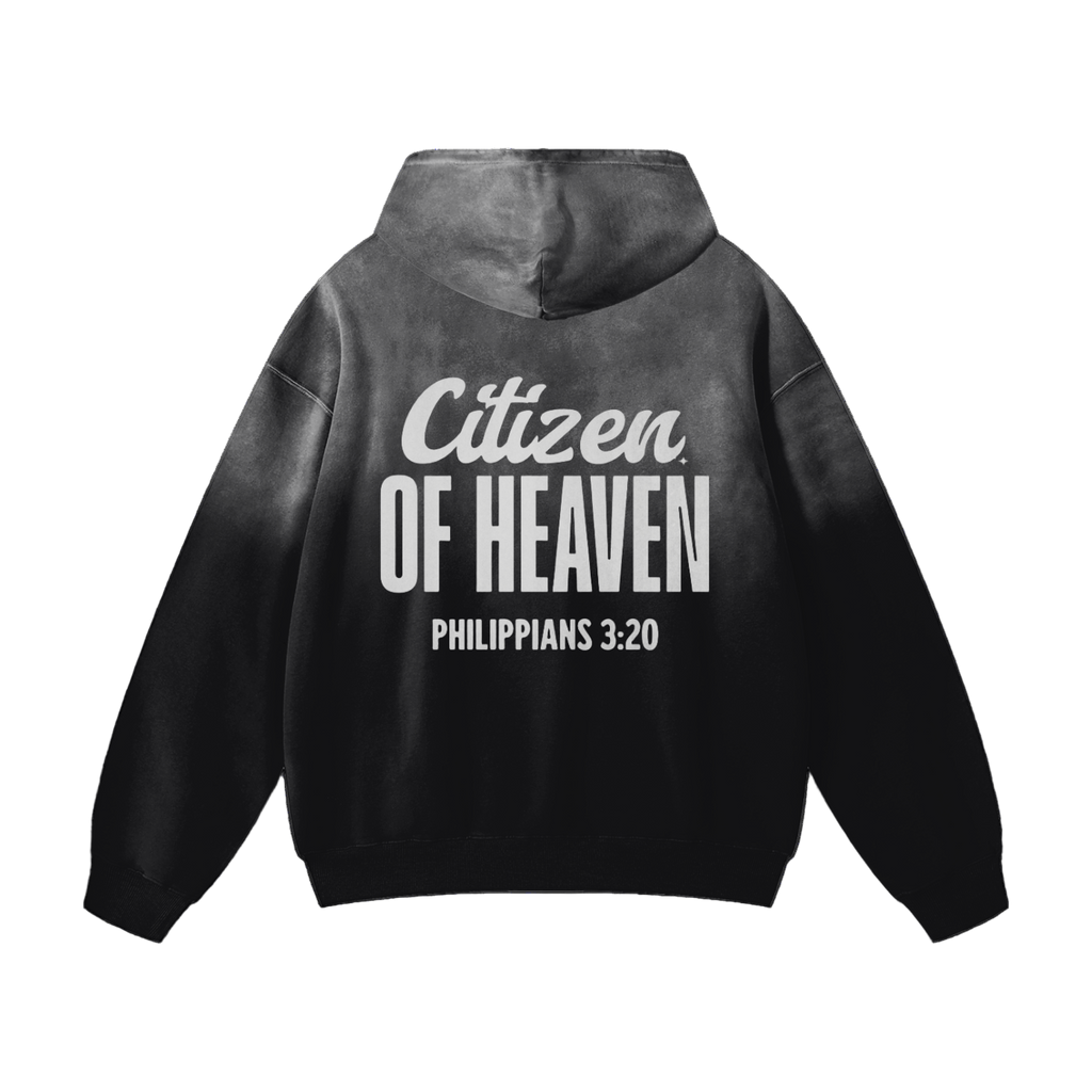 Unisex heavyweight sunfade hoodie with "Citizen of Heaven" text, 100% cotton, oversized loose fit, black and gray faded design