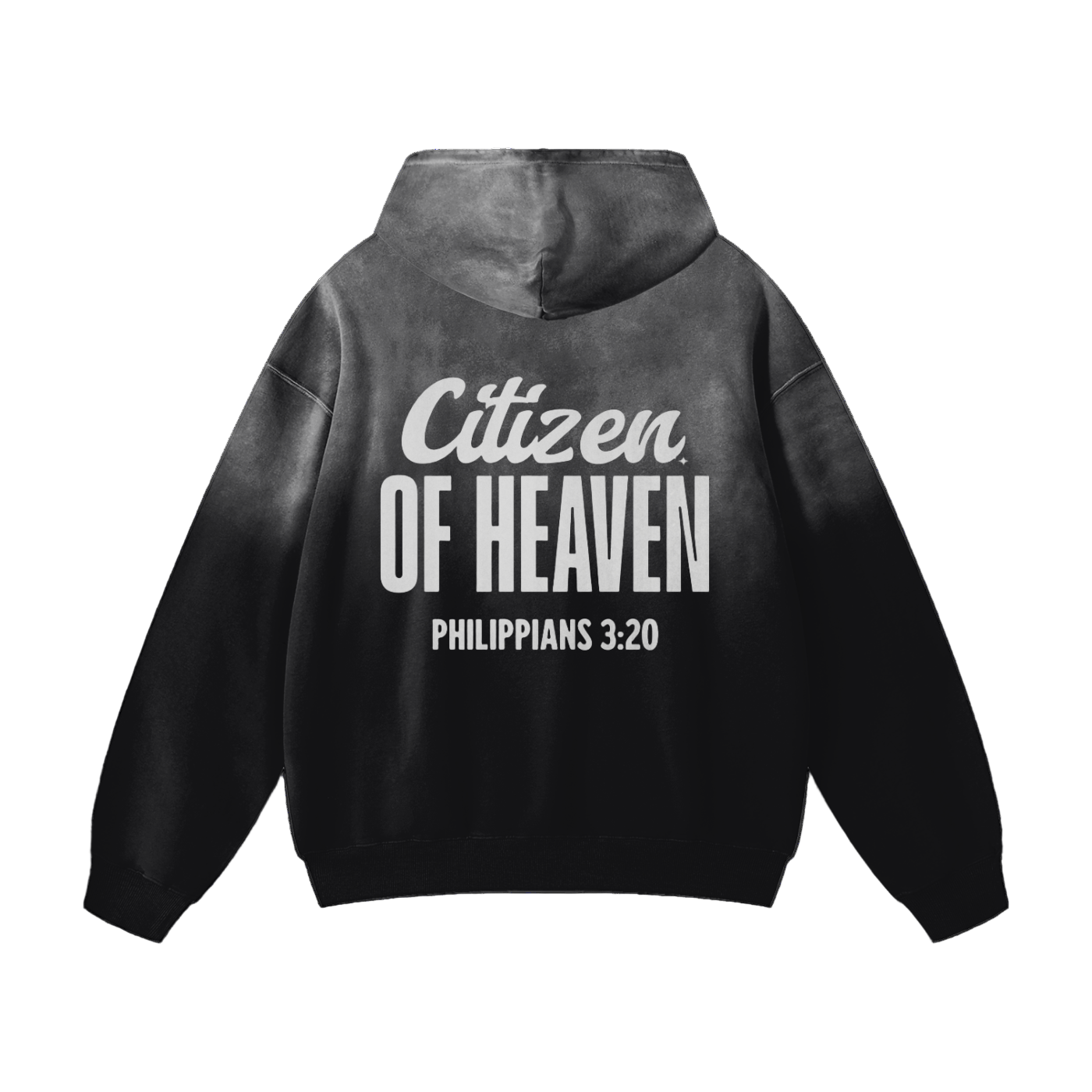 Unisex heavyweight sunfade hoodie with "Citizen of Heaven" text, 100% cotton, oversized loose fit, black and gray faded design