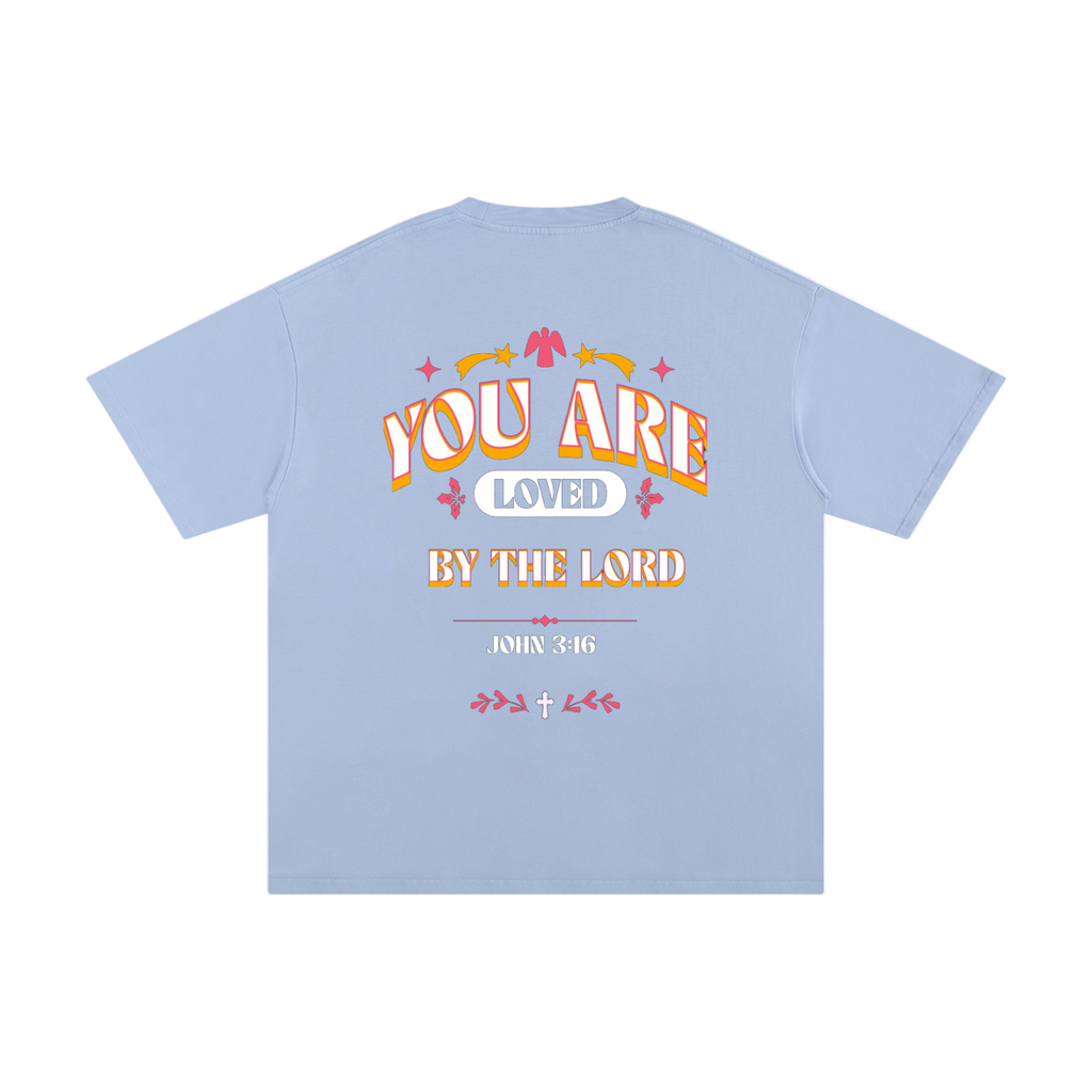 Back view of light blue Loved by God T-Shirt with You are Loved by the Lord John 3:16 text and decorative design