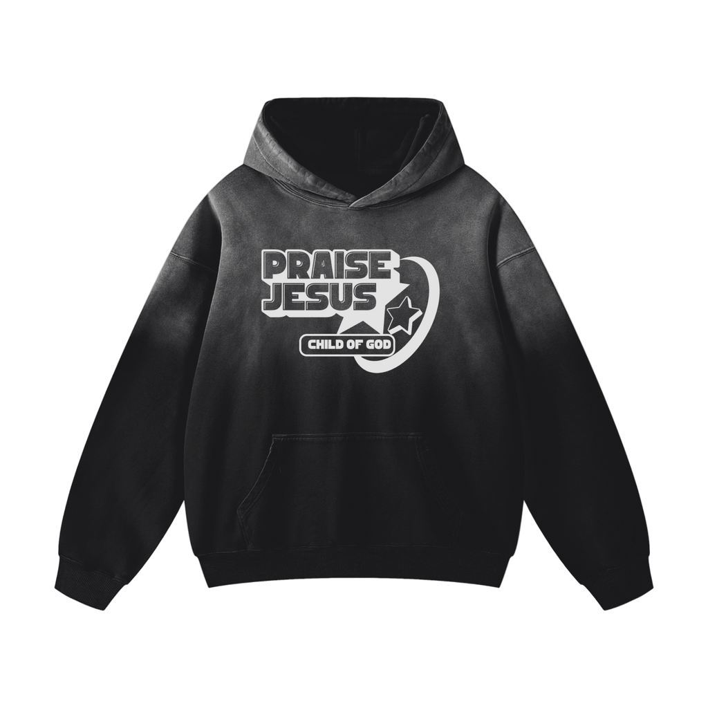 Heavyweight Sunfade Hoodie black oversized cotton hoodie with Praise Jesus print and front pocket
