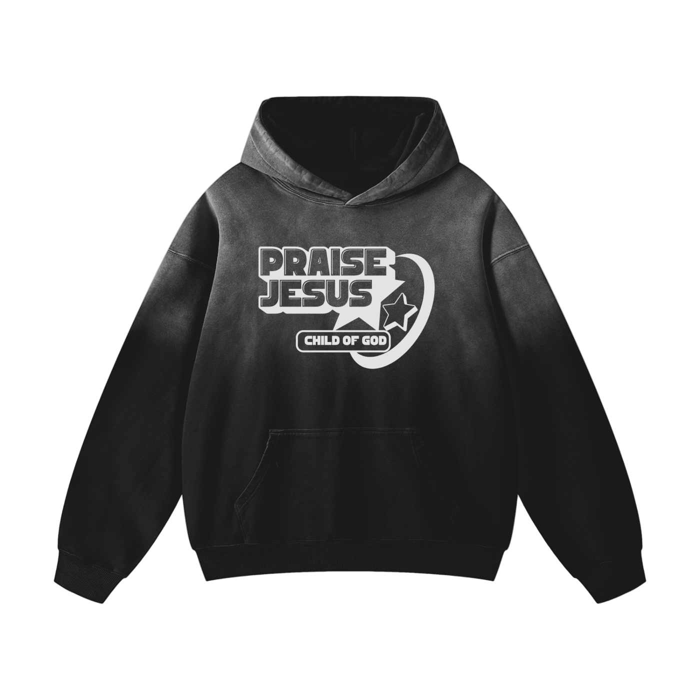 Heavyweight Sunfade Hoodie black oversized cotton hoodie with Praise Jesus print and front pocket