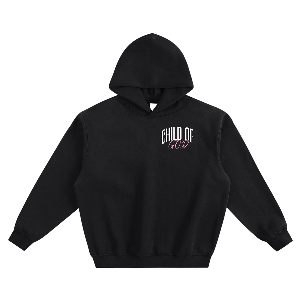 Black fleeced hoodie with "Child of God" and "Citizen of Heaven" text prints