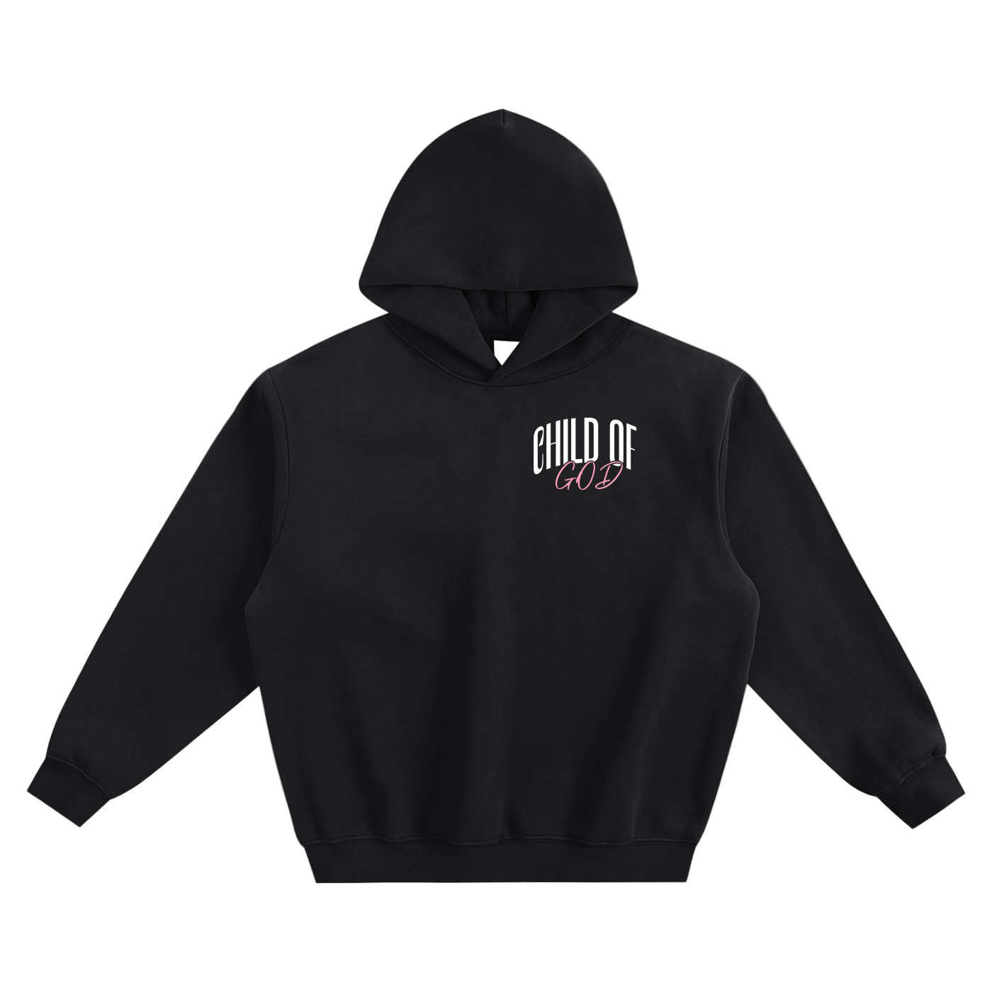 Black fleeced hoodie with "Child of God" and "Citizen of Heaven" text prints