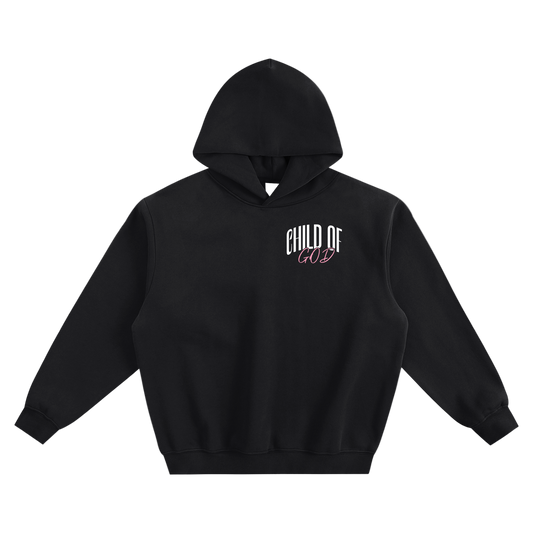 Black fleeced hoodie with "Child of God" and "Citizen of Heaven" text prints