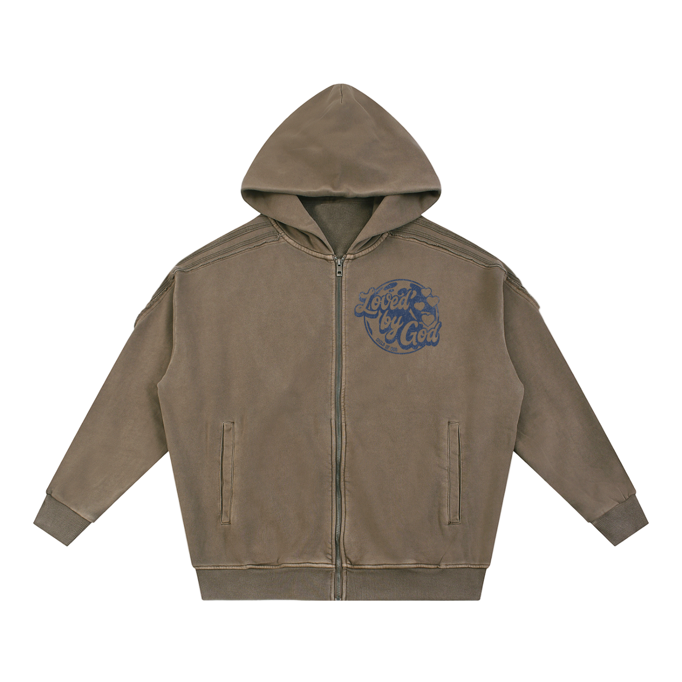 Snow Washed Tape raw edge zip hoodie with Loved By God logo front print in brown color