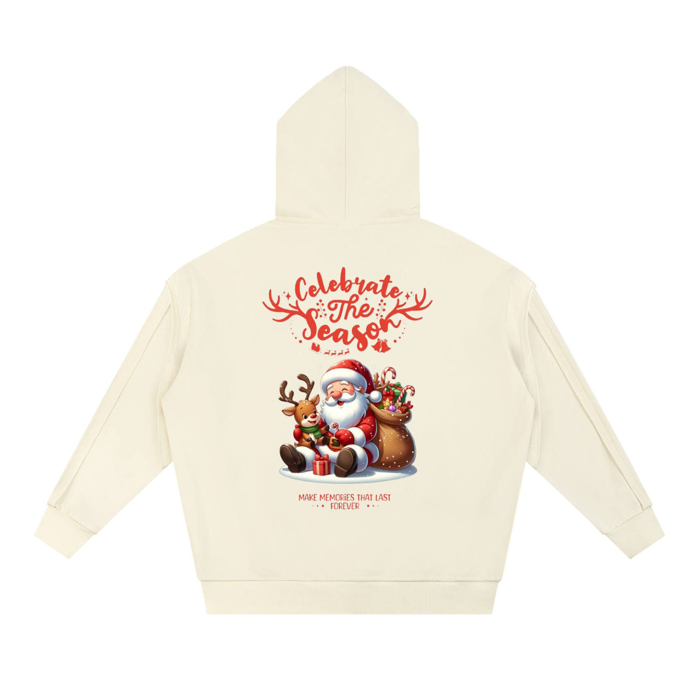 Cream Contrast Tape Raw Edge hoodie with Child of God Christmas Santa and reindeer graphic on back