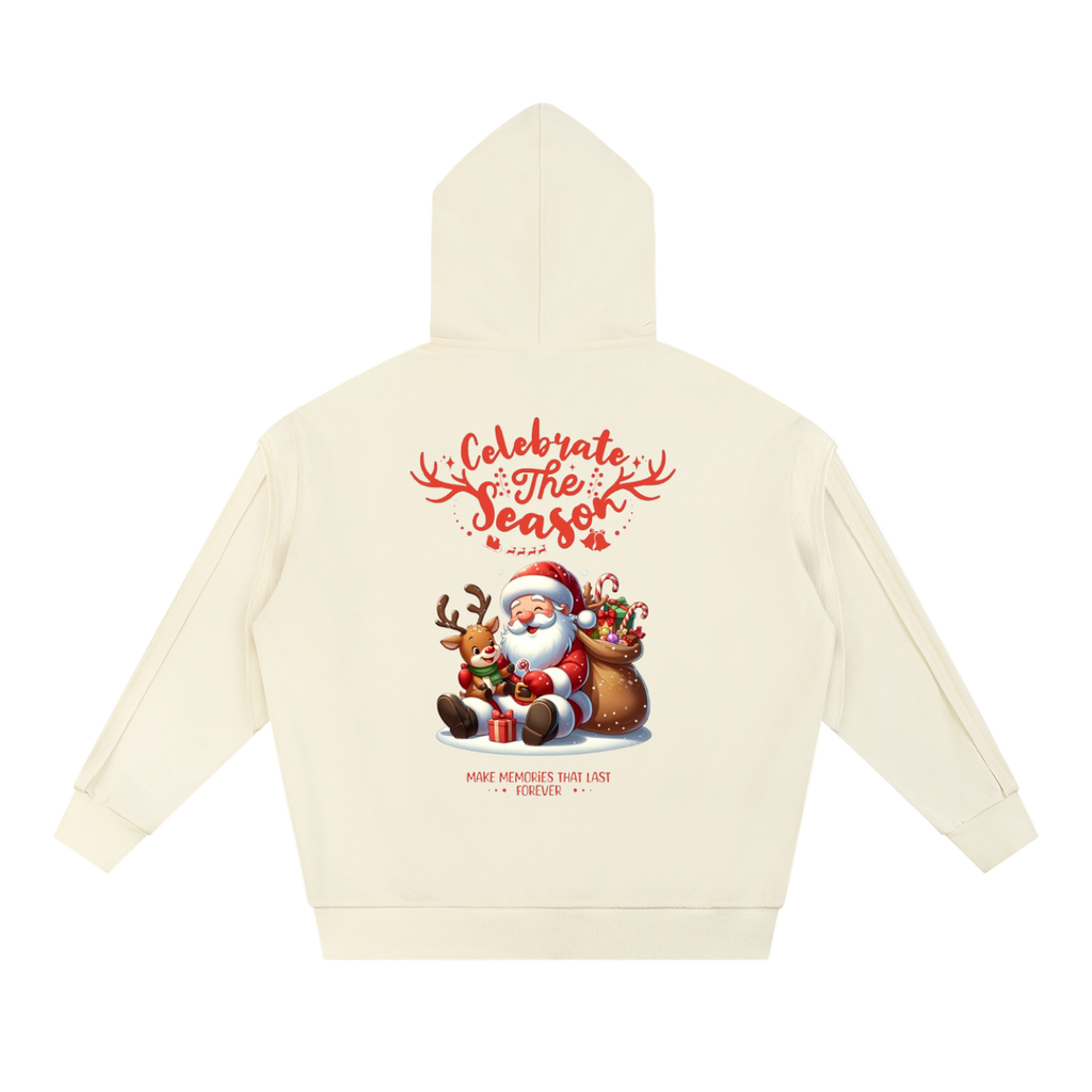 Cream Contrast Tape Raw Edge hoodie with Child of God Christmas Santa and reindeer graphic on back