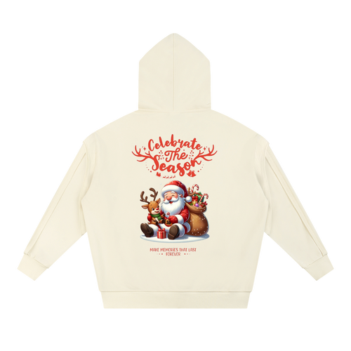 Cream Contrast Tape Raw Edge hoodie with Child of God Christmas Santa and reindeer graphic on back