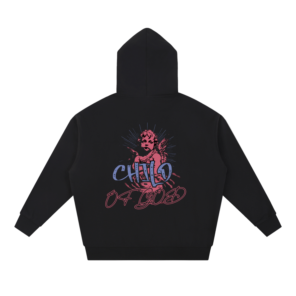 Black Child of God Hoodie with angel artwork and logo on back, oversized fit, cotton blend, long sleeves
