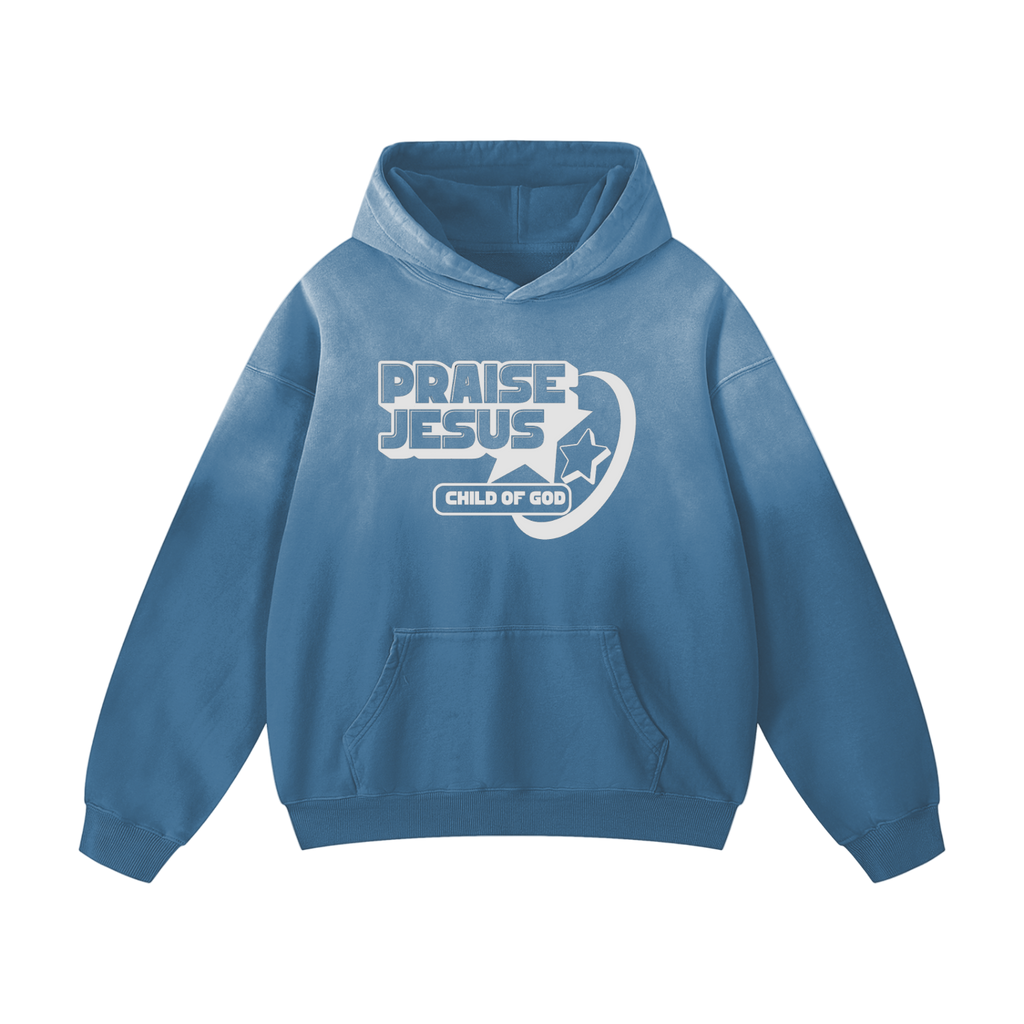 Heavyweight Sunfade Hoodie in blue with Praise Jesus print, oversized unisex cotton hoodie, thick fabric, casual streetwear with front pocket and hood