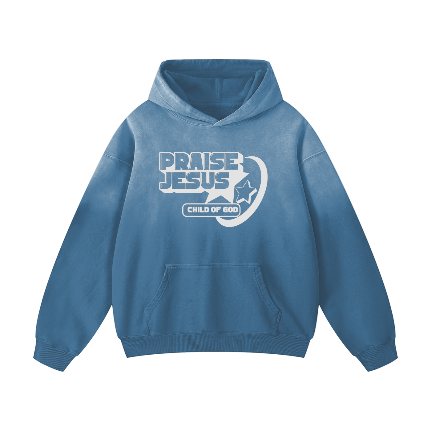 Heavyweight Sunfade Hoodie in blue with Praise Jesus print, oversized unisex cotton hoodie, thick fabric, casual streetwear with front pocket and hood