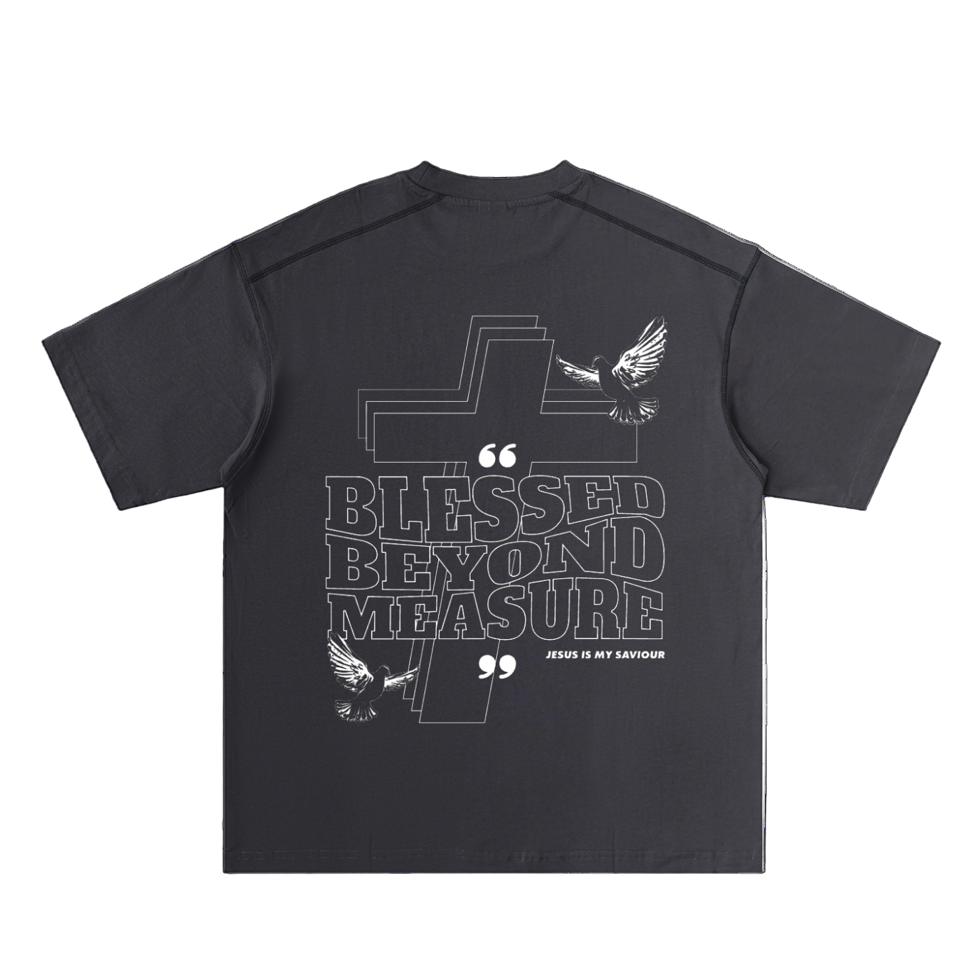 Black stitched cotton tee with Blessed Beyond Measure text, cross, and doves design on the back