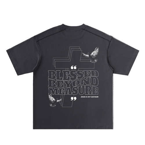 Black stitched cotton tee with Blessed Beyond Measure text, cross, and doves design on the back