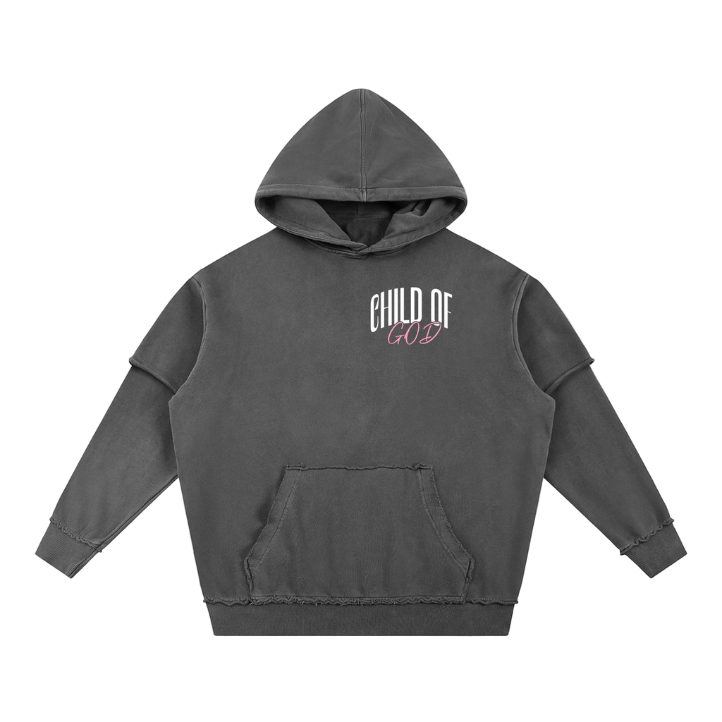 Snow washed raw edge double layered hoodie with Child of God logo front and Citizen of Heaven back design