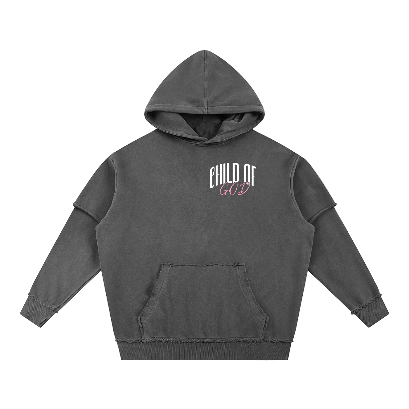 Snow washed raw edge double layered hoodie with Child of God logo front and Citizen of Heaven back design