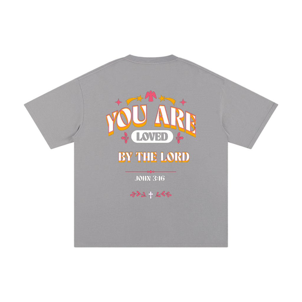 Gray Loved by God T-shirt with "You are Loved by the Lord" and John 3:16 text on the back