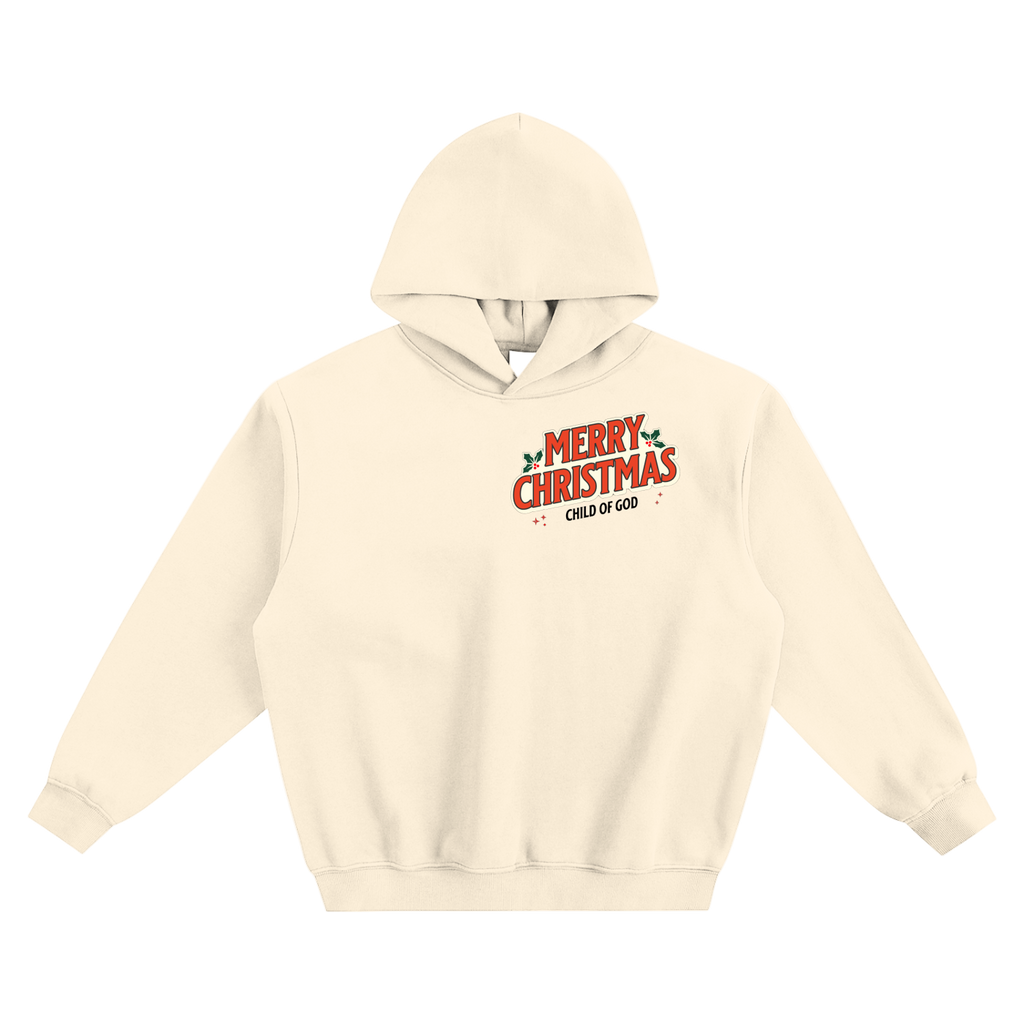 Merry Christmas hoodie in cream with festive front print, cotton blend, hooded long sleeve casual sweatshirt