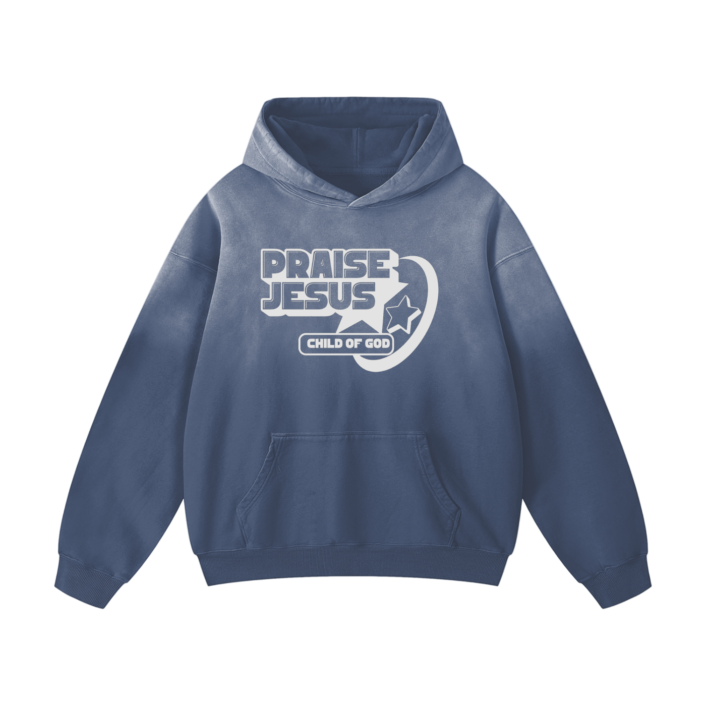 Heavyweight Sunfade Hoodie unisex oversized cotton pullover with "Praise Jesus" print and front pocket