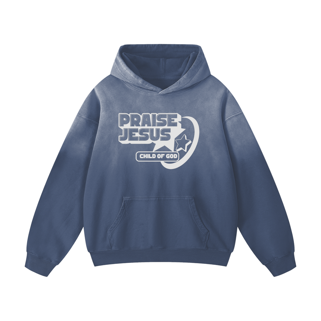 Heavyweight Sunfade Hoodie unisex oversized cotton pullover with "Praise Jesus" print and front pocket