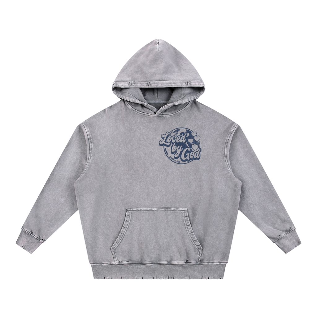 Gray Loved By God snow wash hoodie with front logo and hooded long sleeves