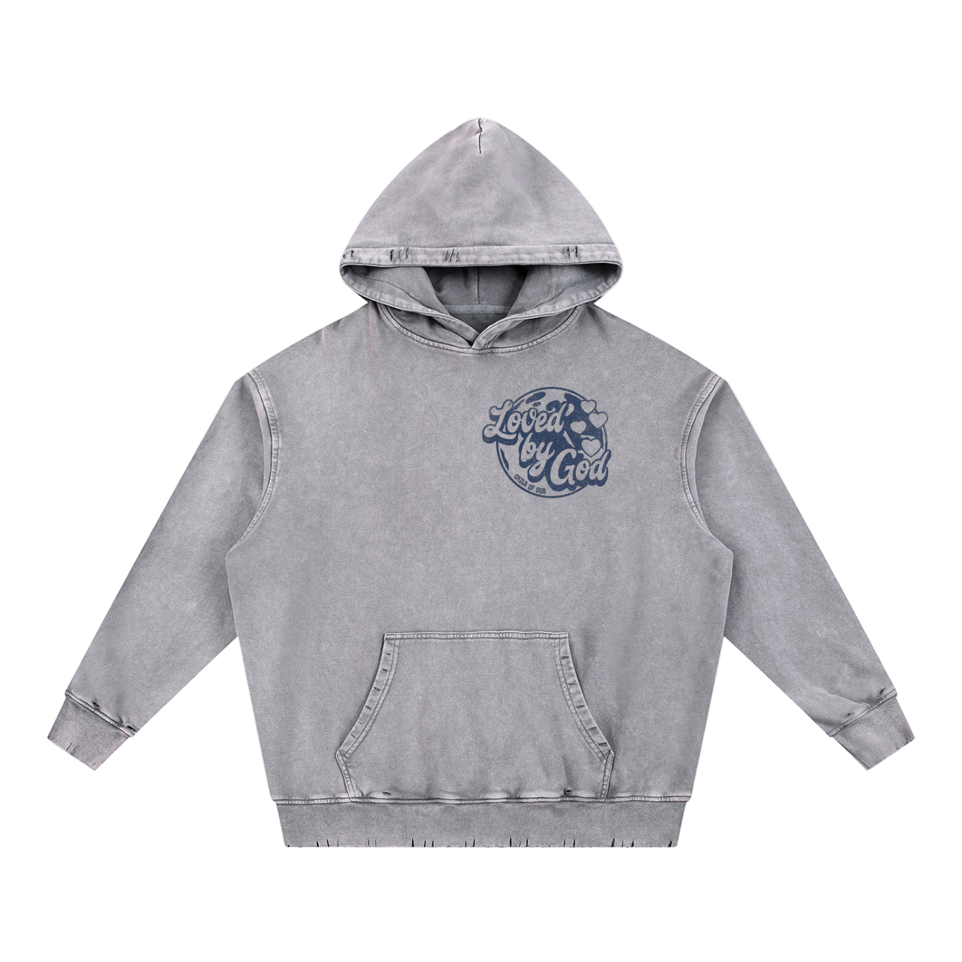 Gray Loved By God snow wash hoodie with front logo and hooded long sleeves