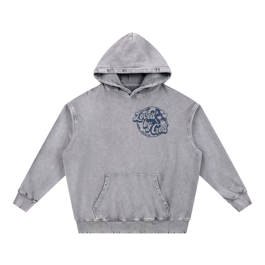 Gray Loved By God snow wash hoodie with front logo and hooded long sleeves
