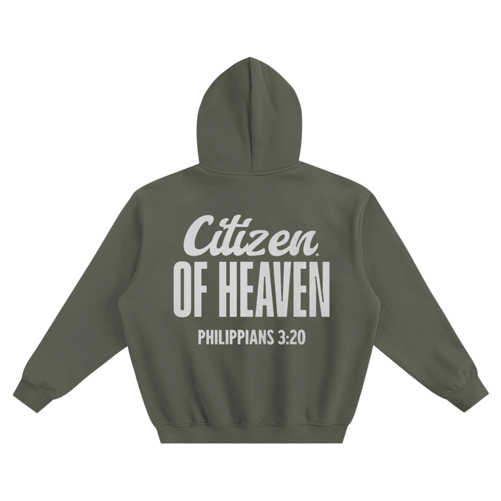 Olive green Citizen of Heaven fleeced hoodie with printed Bible verse Philippians 3:20 on back
