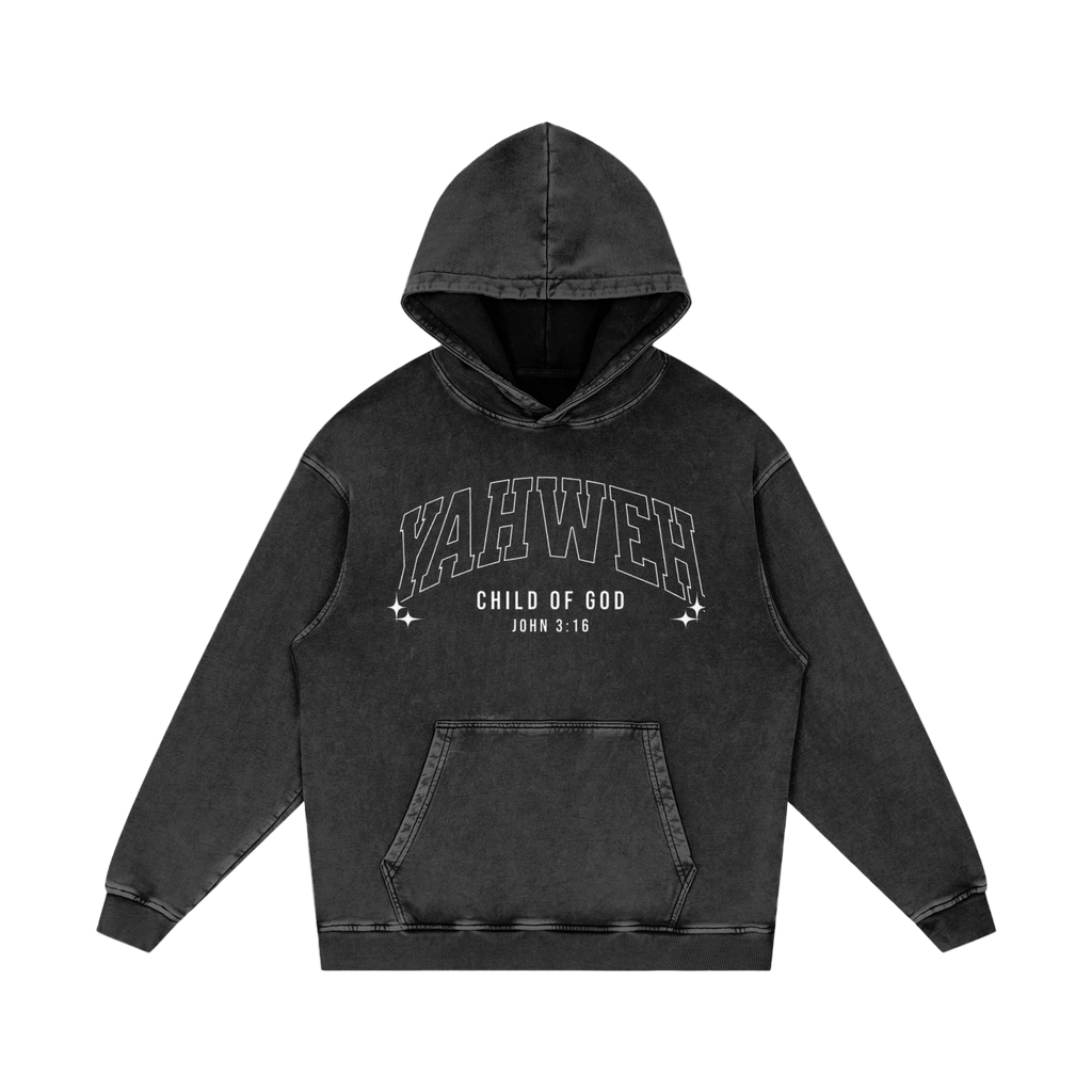 YAHWEH Snow Washed black cotton hoodie with front pocket and "Child of God" text on chest