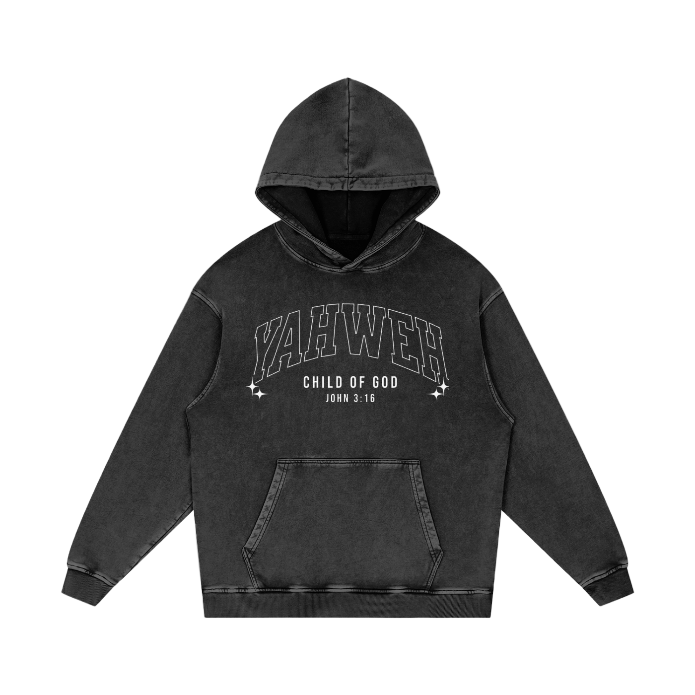 YAHWEH Snow Washed black cotton hoodie with front pocket and "Child of God" text on chest