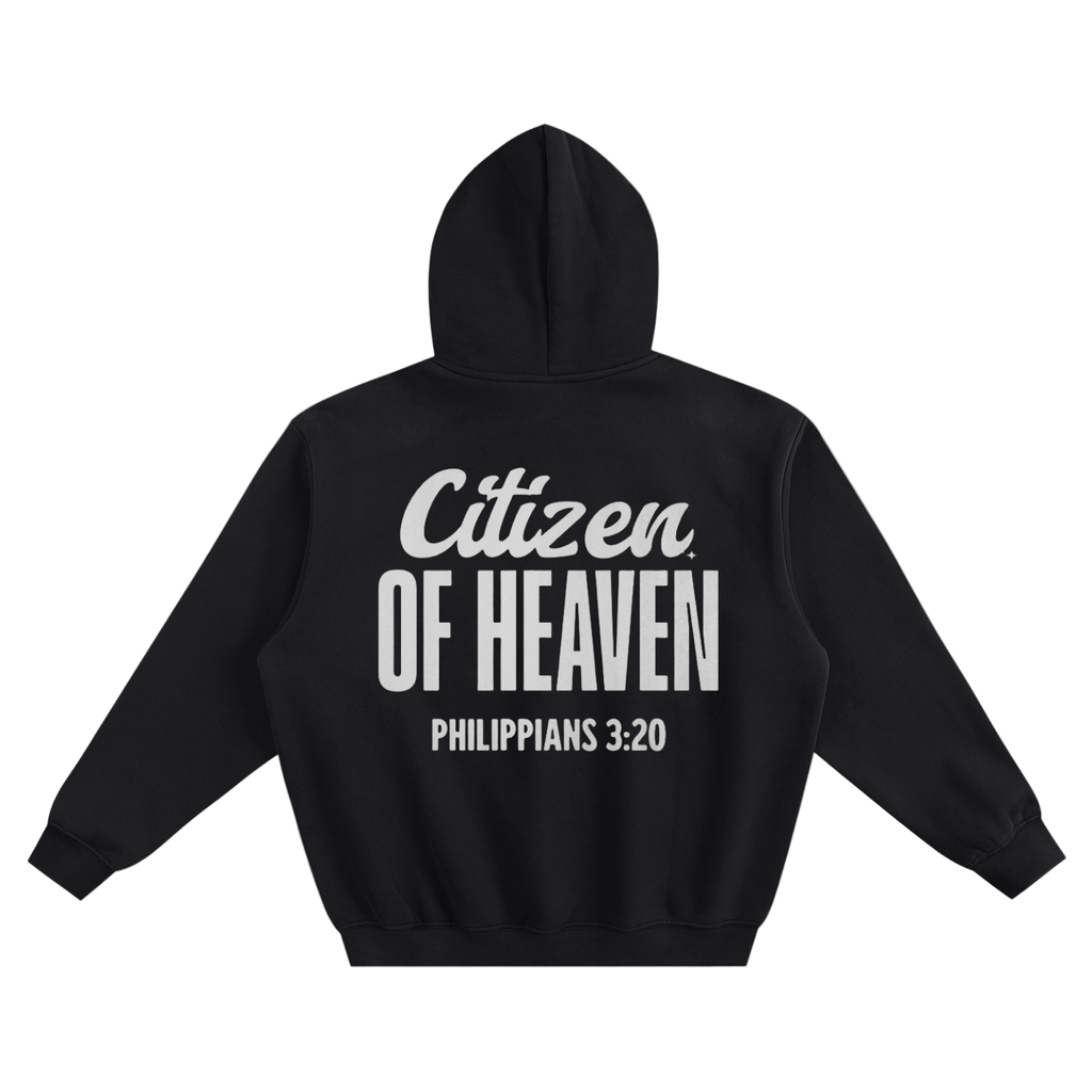 Black fleeced hoodie with "Citizen of Heaven" and Philippians 3:20 printed on the back