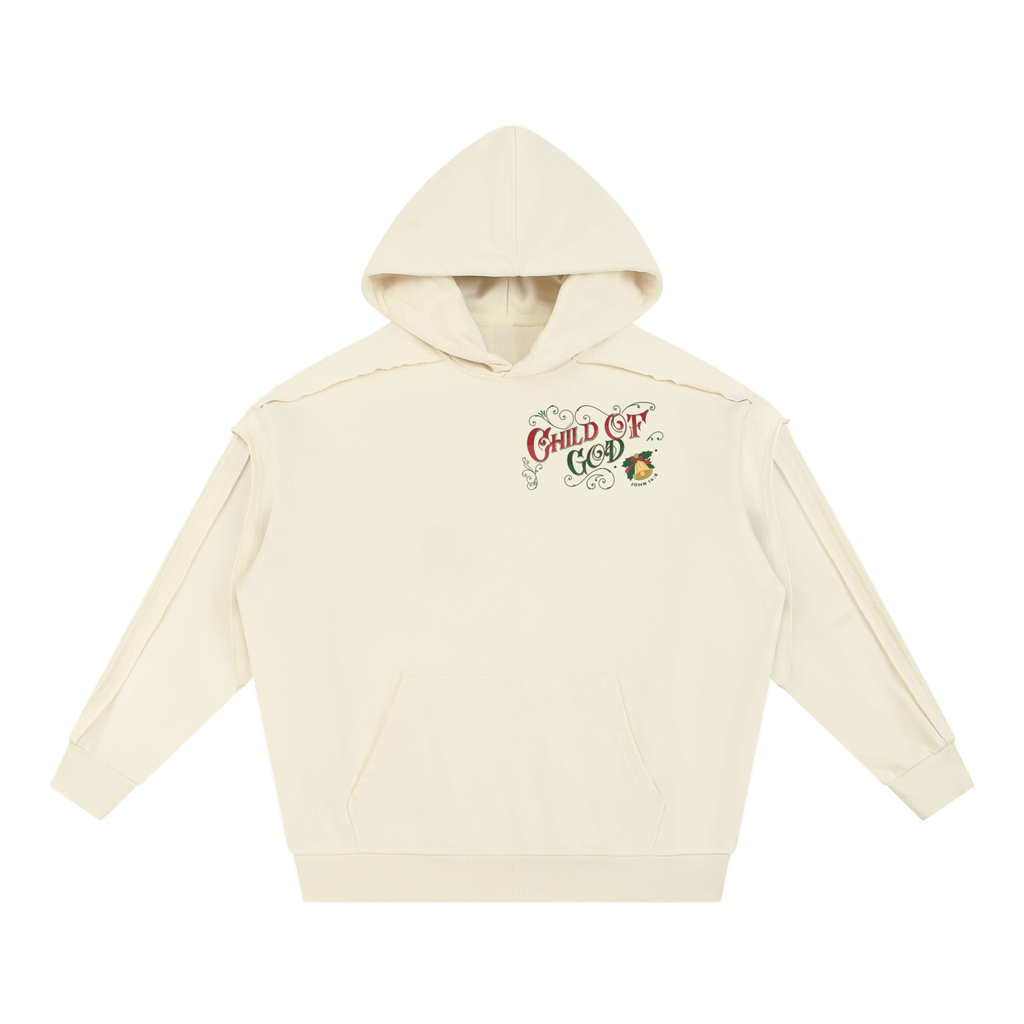 Off-white Contrast Tape Raw Edge double layered hoodie with Child of God Christmas logo and Santa graphic on chest