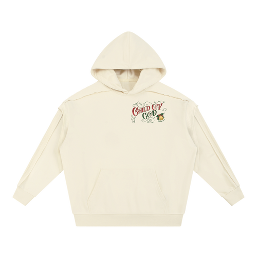 Off-white Contrast Tape Raw Edge double layered hoodie with Child of God Christmas logo and Santa graphic on chest