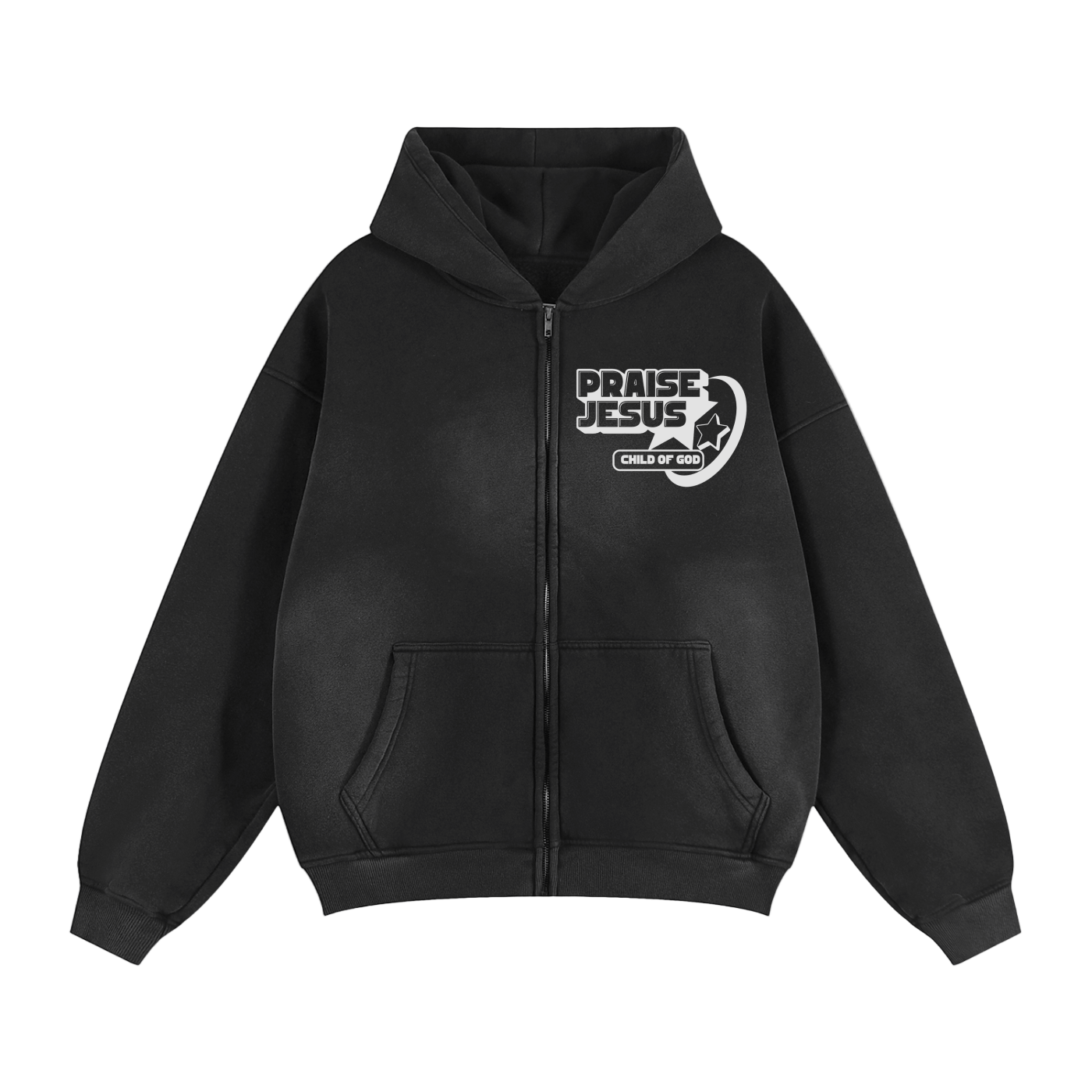 Black Praise Jesus Jacket with retro logo and zipper hooded cotton blend design