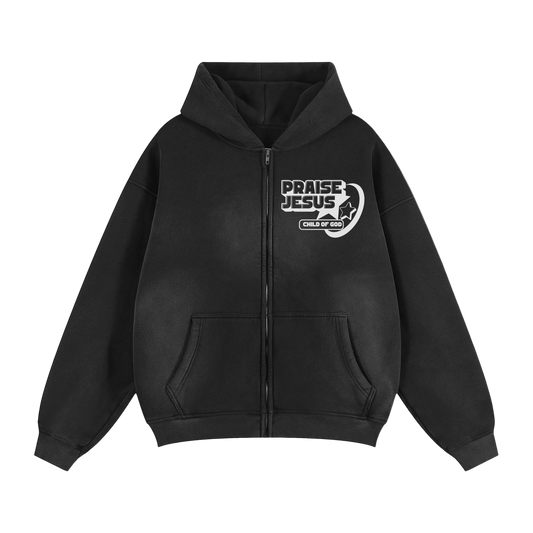 Black Praise Jesus Jacket with retro logo and zipper hooded cotton blend design