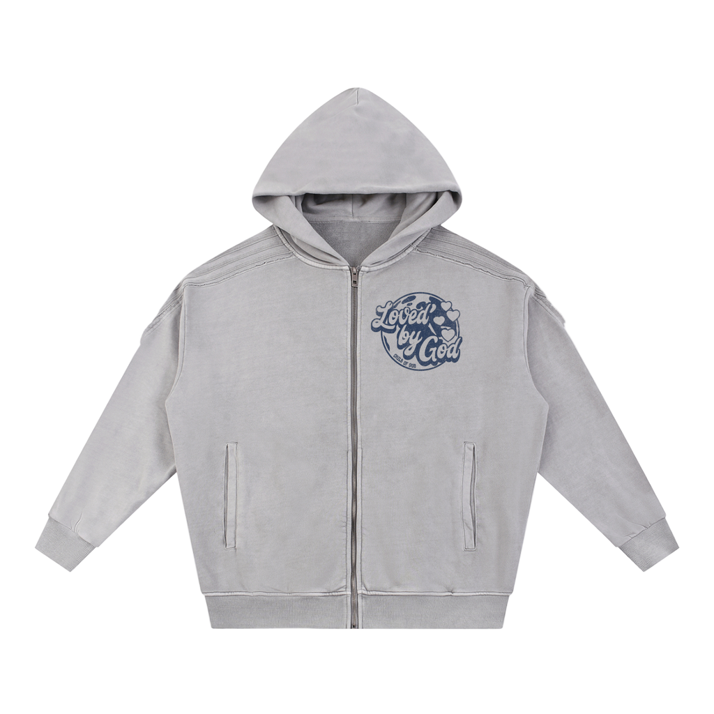 Snow Washed Tape raw edge zip hoodie with Loved By God logo on front in light grey color