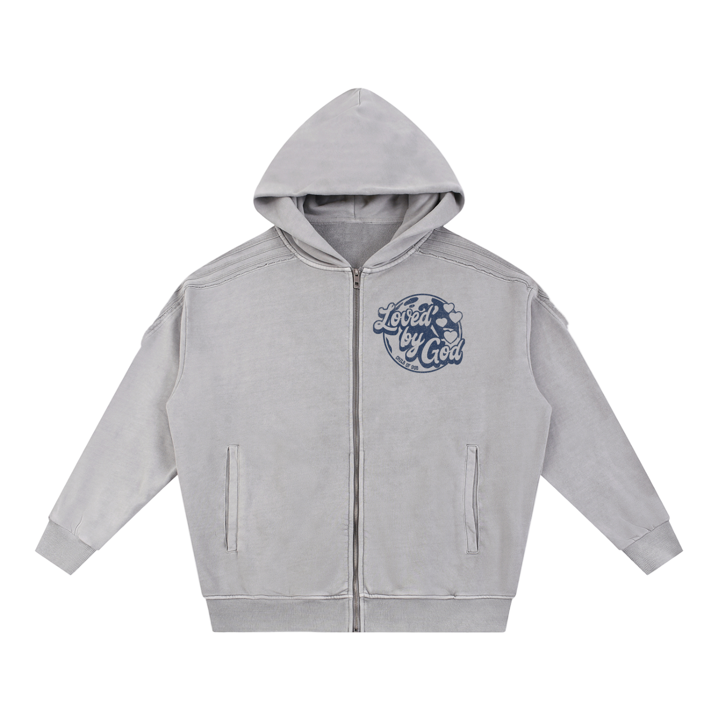 Snow Washed Tape raw edge zip hoodie with Loved By God logo on front in light grey color