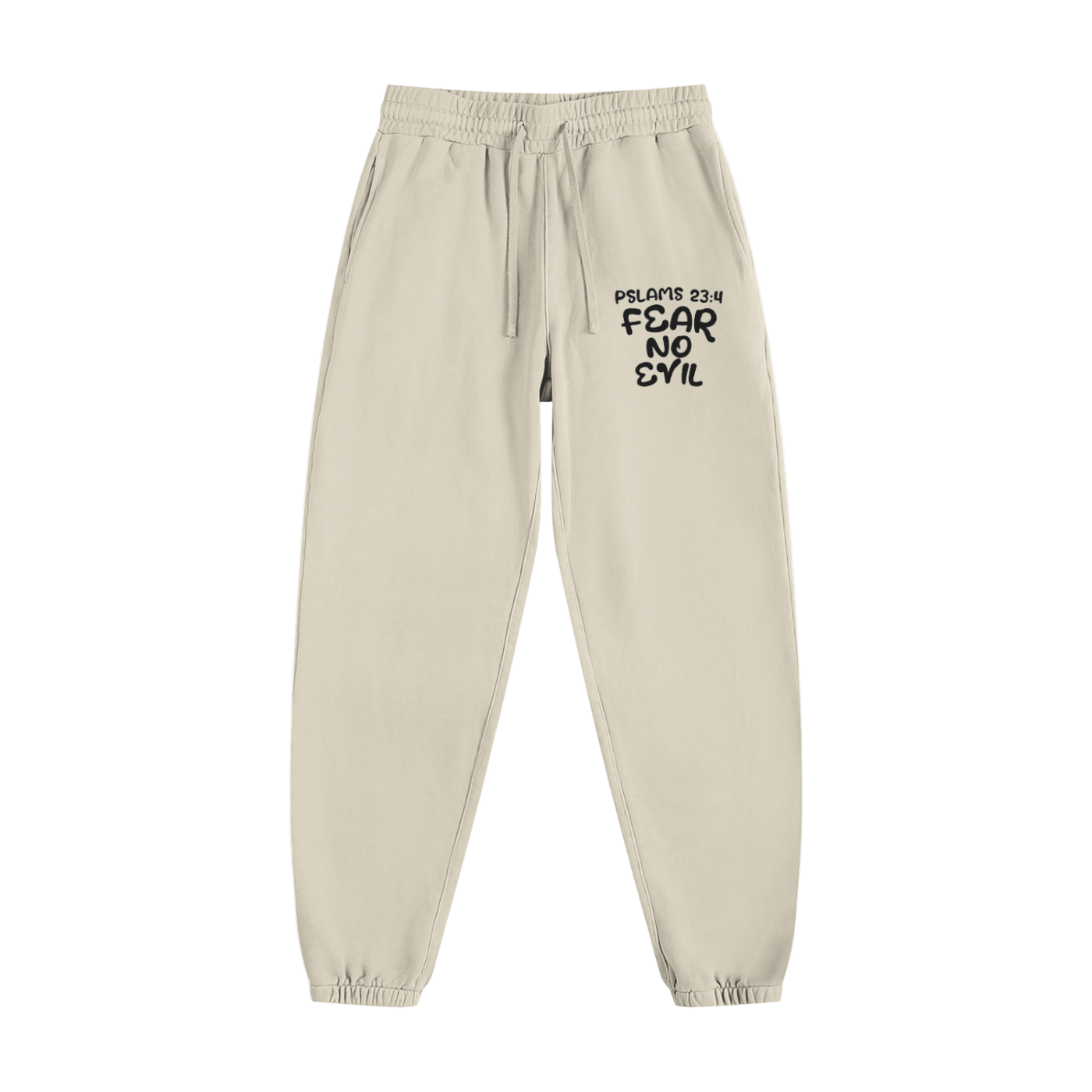 Fear No Evil Sweatpants in light beige with Psalm 23:4 design, elastic waistband, drawstring, side pockets, and ribbed cuffs for comfortable casual wear