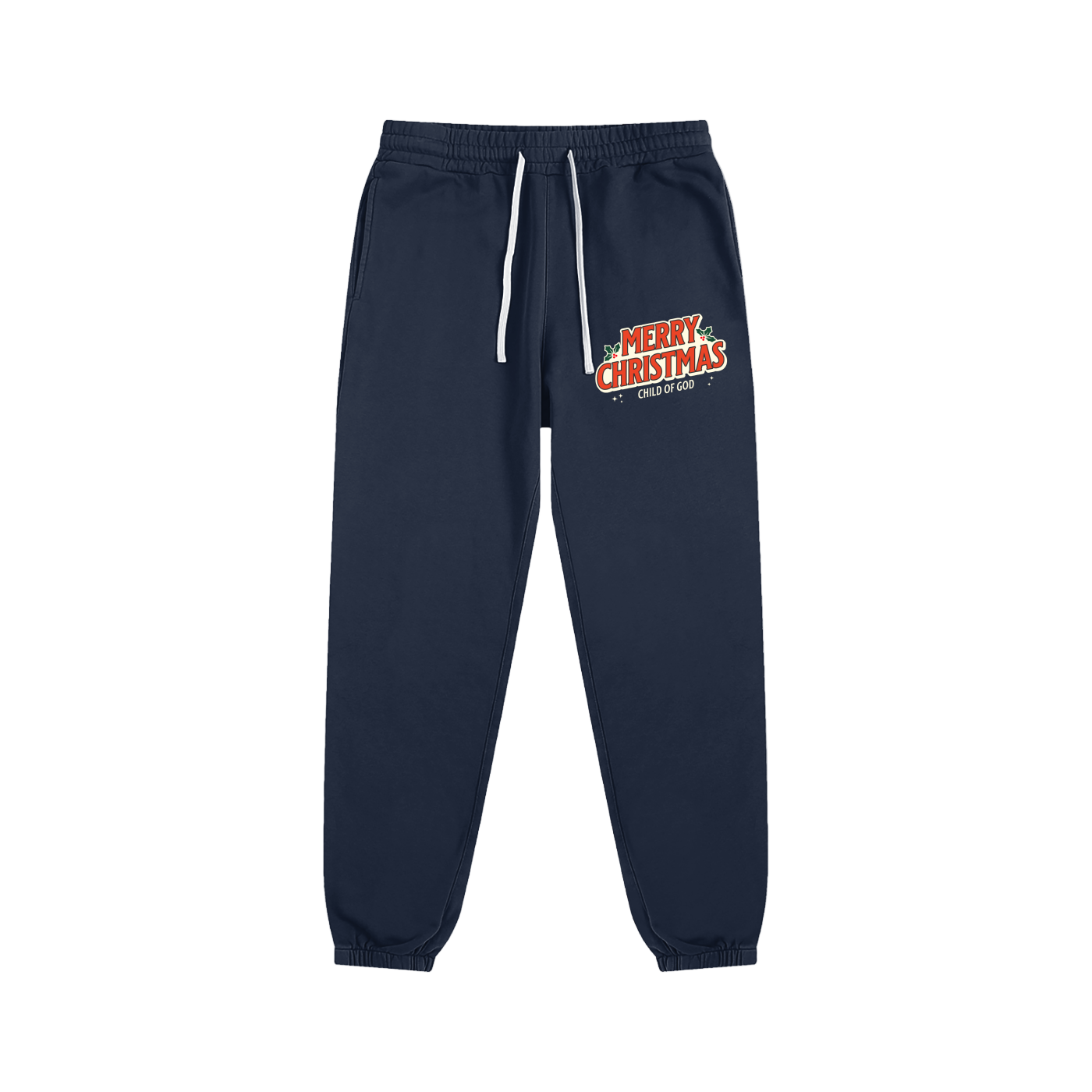 Child of God navy blue sweatpants with Merry Christmas print and white drawstring